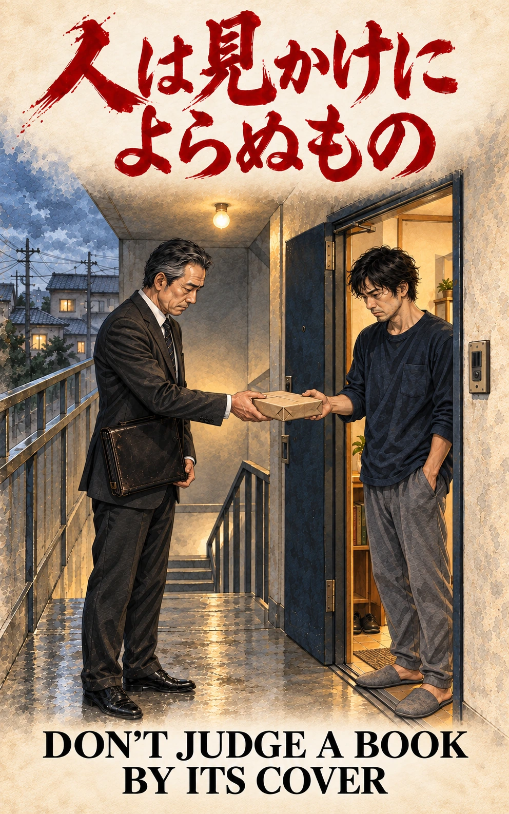 Illustrated opening scene: a lawyer delivers a brown paper parcel at an apartment door