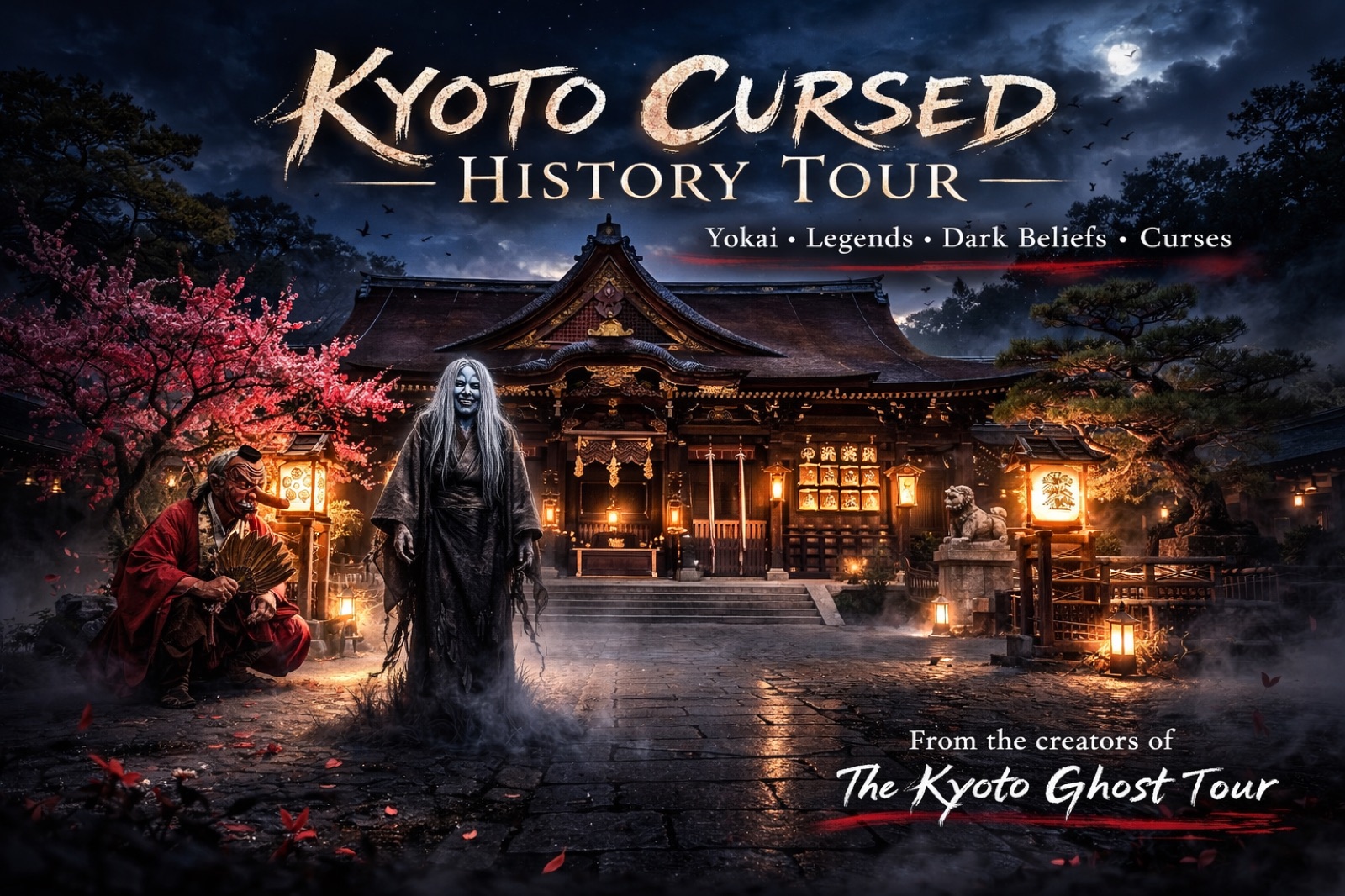 Kyoto Cursed History Tour — yokai and onryō in front of a night shrine