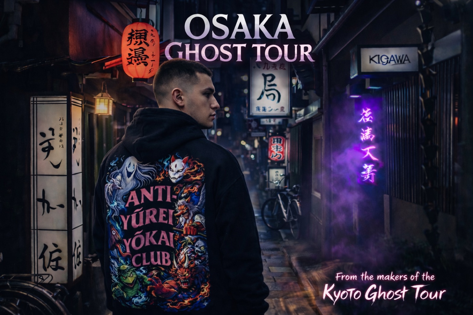 Osaka Ghost Tour — night alleys of Namba with neon signs