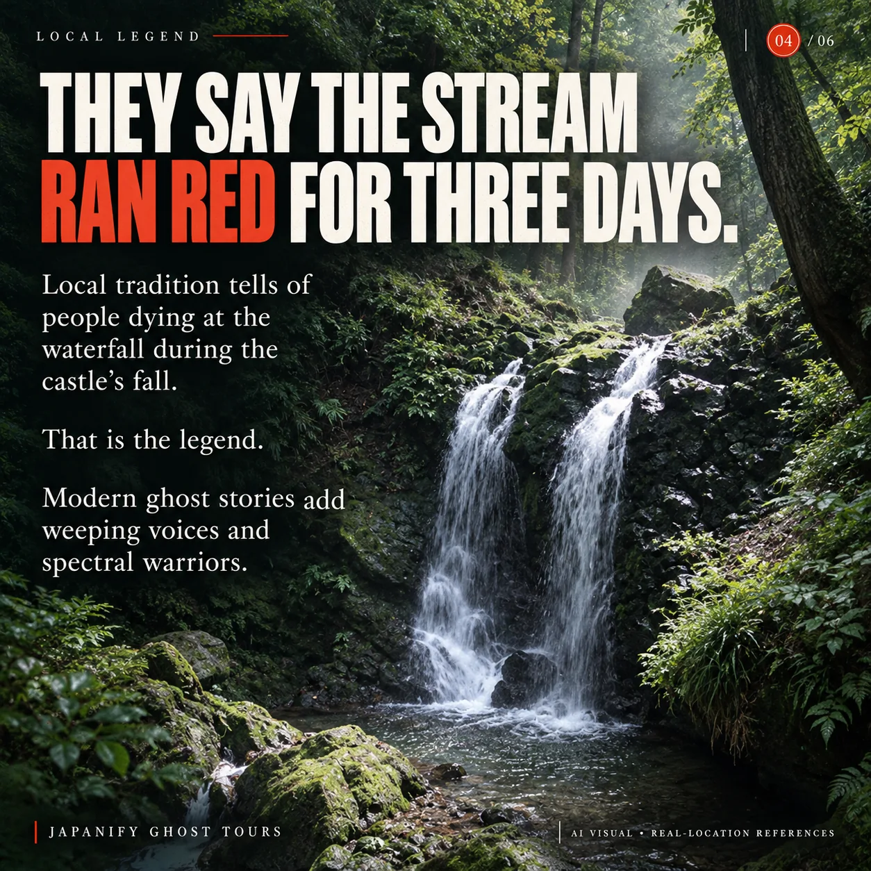 Local legend describes red water; modern ghost stories add voices and warriors.